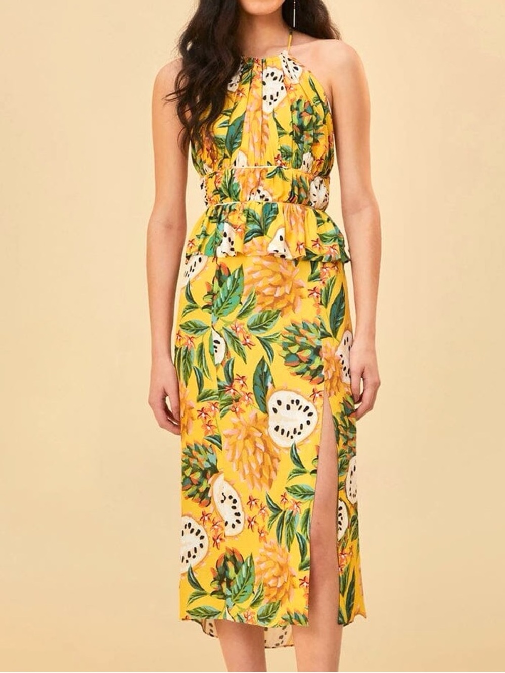 Farm Rio Medium Biriba Tropical Yellow Floral Fruit Ruffled Halter Midi Dress